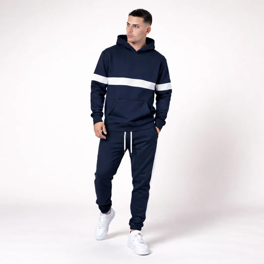 Sudadera Hombre Con Capucha y Bolsillo Canguro Franja Blanca D01