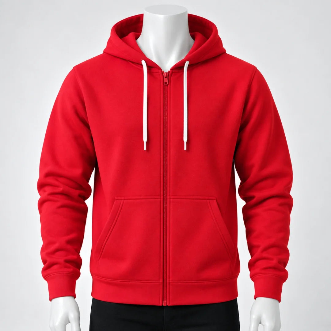 Buso Hoodie Rojo para Hombre – Capucha, Bolsillo Canguro y Cierre Frontal (E01)