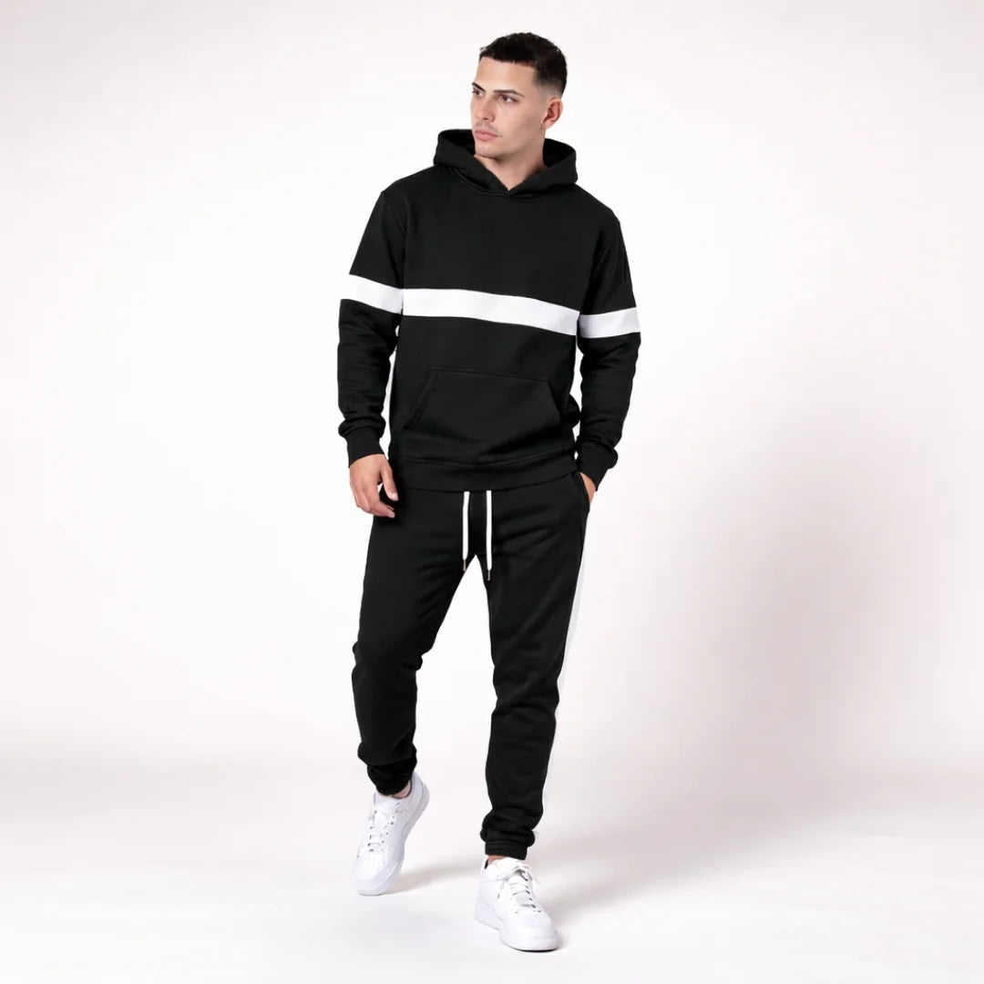 Sudadera Hombre Con Capucha y Bolsillo Canguro Franja Blanca (D01)
